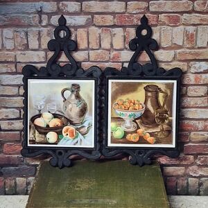 Vintage Enesco Cast Iron Trivets Still Life Wall Plaques Pair Kitchen Japan MCM